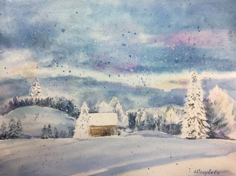 Akvarell Snötäckt landskap av Svitlana Vasylets