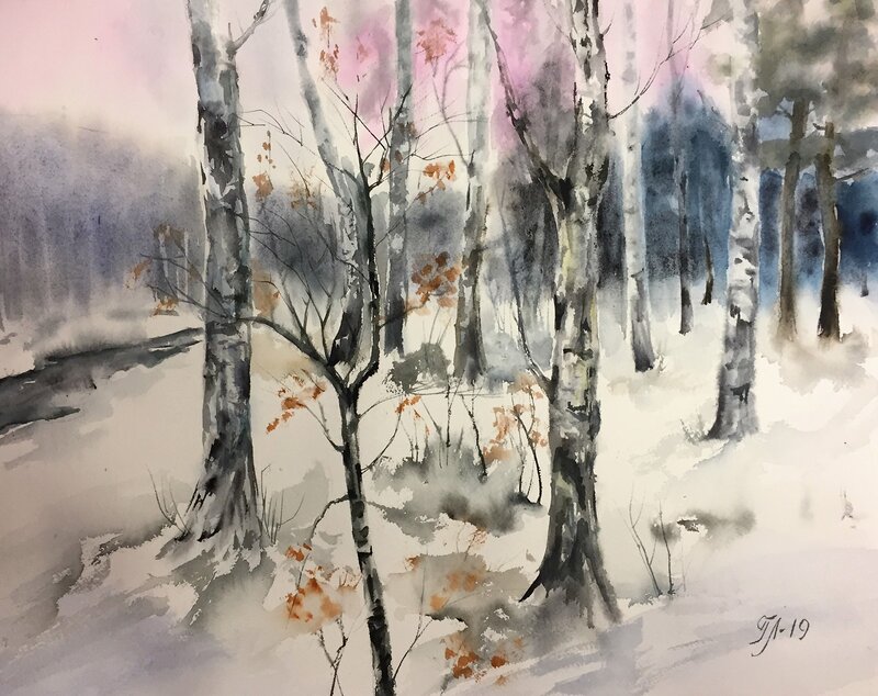 Akvarell Vinterbjörkar av Tanya Lundmark