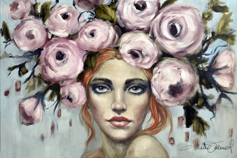 Oljemålning Pink roses av Malin Östlund