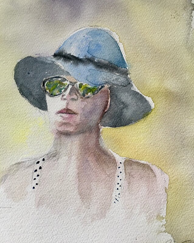 Akvarell Kvinna med hatt av Gunilla Tuvin