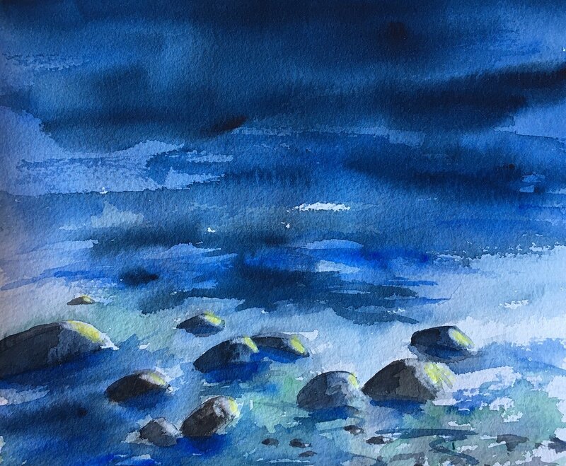 Akvarell Stenar i vattnet av Gunilla Tuvin