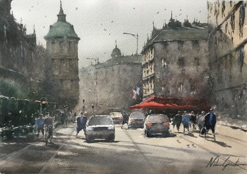 Akvarell Rusningstid av Niklas Gustafsson