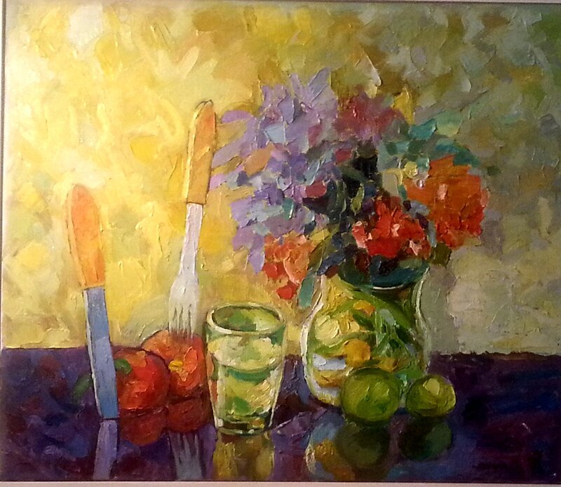 Oljemålning Blommor och kniv Oljemålning av Sebastian Marquez