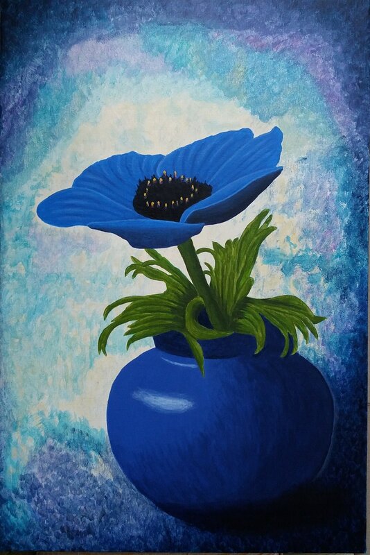 Akrylmålning Hoppets blå anemon av Gösta Lindunger