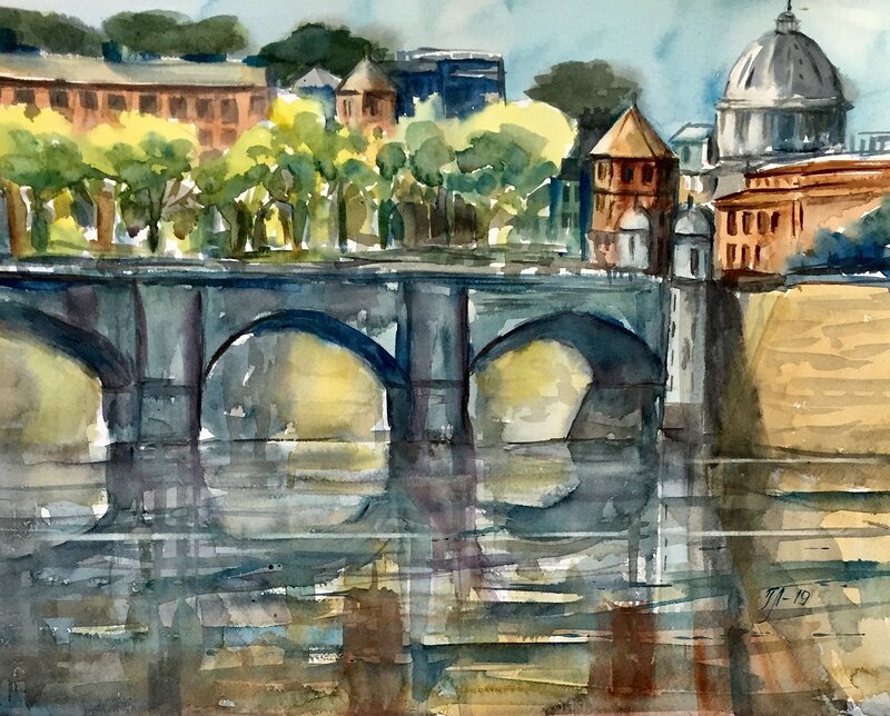 Akvarell Bron över Tibern, Rom av Tanya Lundmark