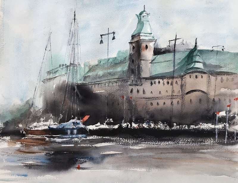 Akvarell Hotell i Stockholm av Ewa Helzen